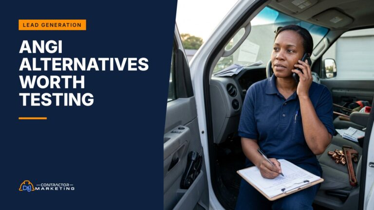 Plumbing company owner on the phone in her work van comparing Angi alternatives