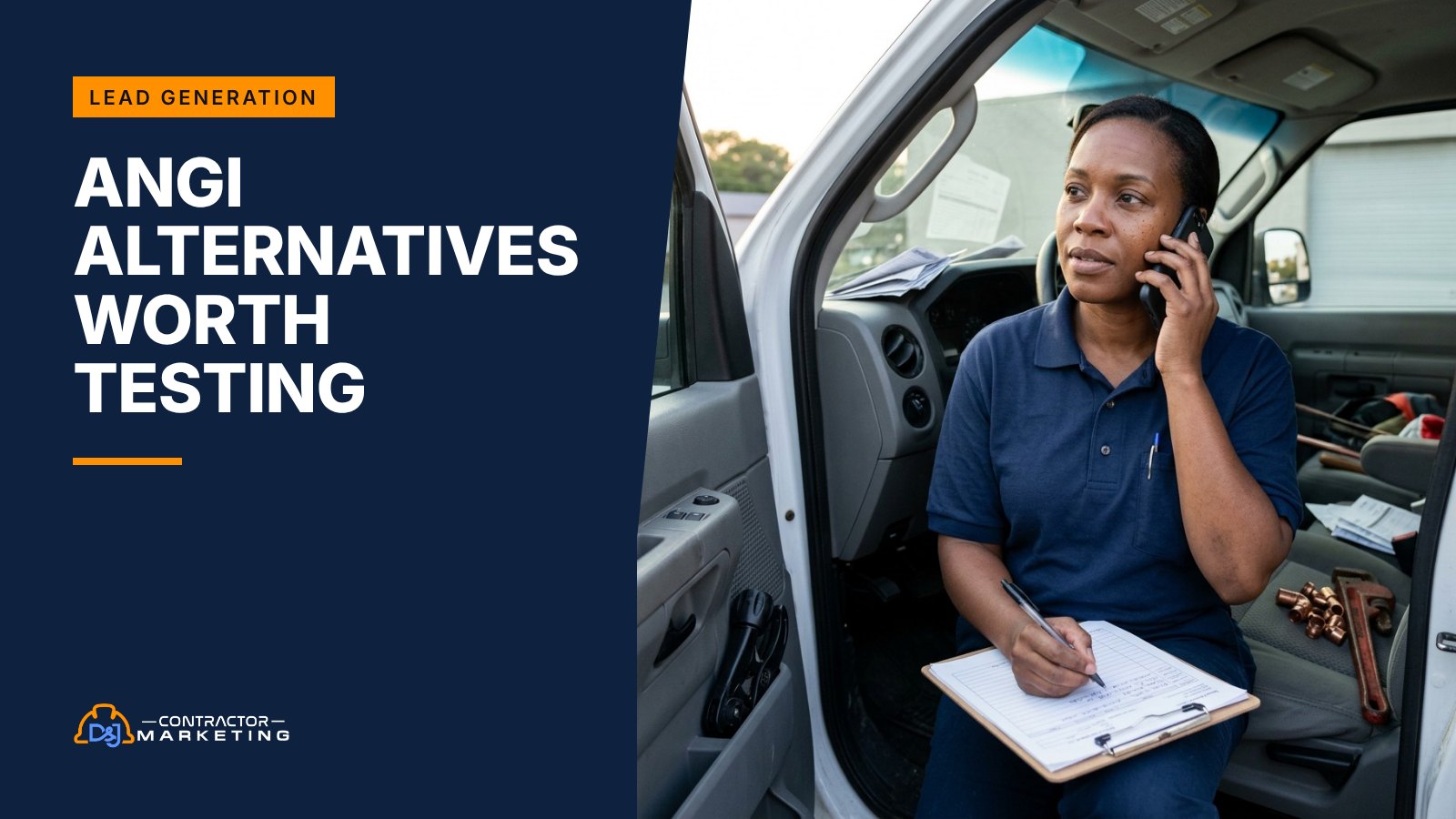 Plumbing company owner on the phone in her work van comparing Angi alternatives