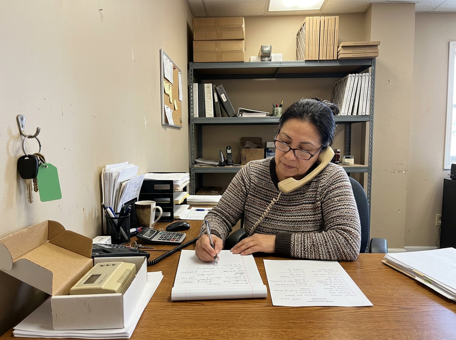HVAC office manager on the phone logging new leads in a paper notebook