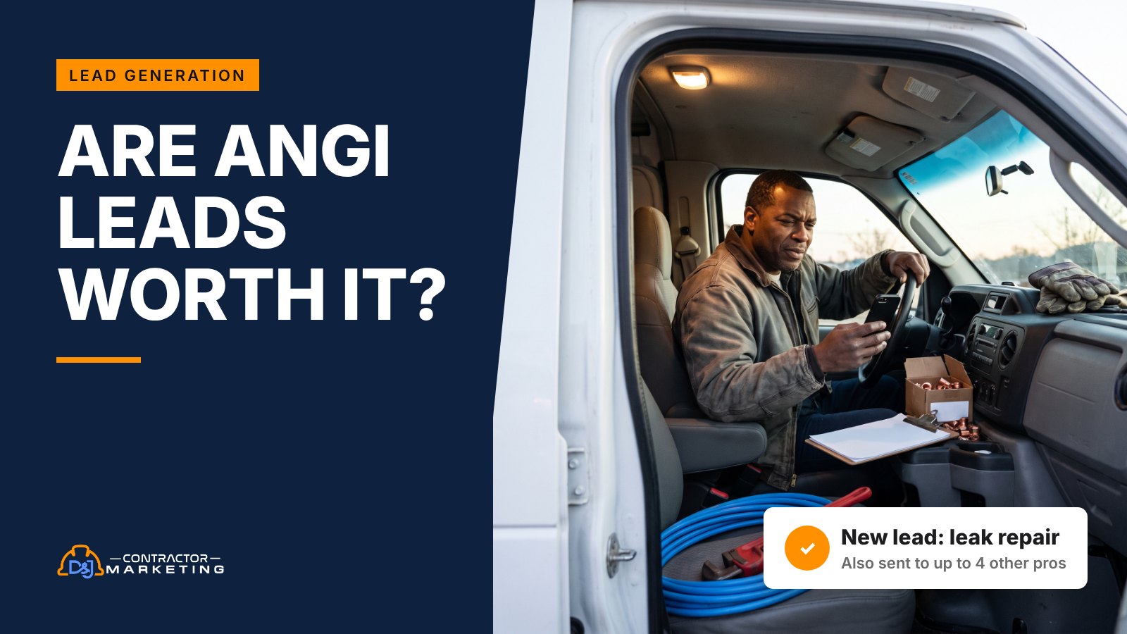 Plumber in his work van deciding whether Angi leads are worth calling