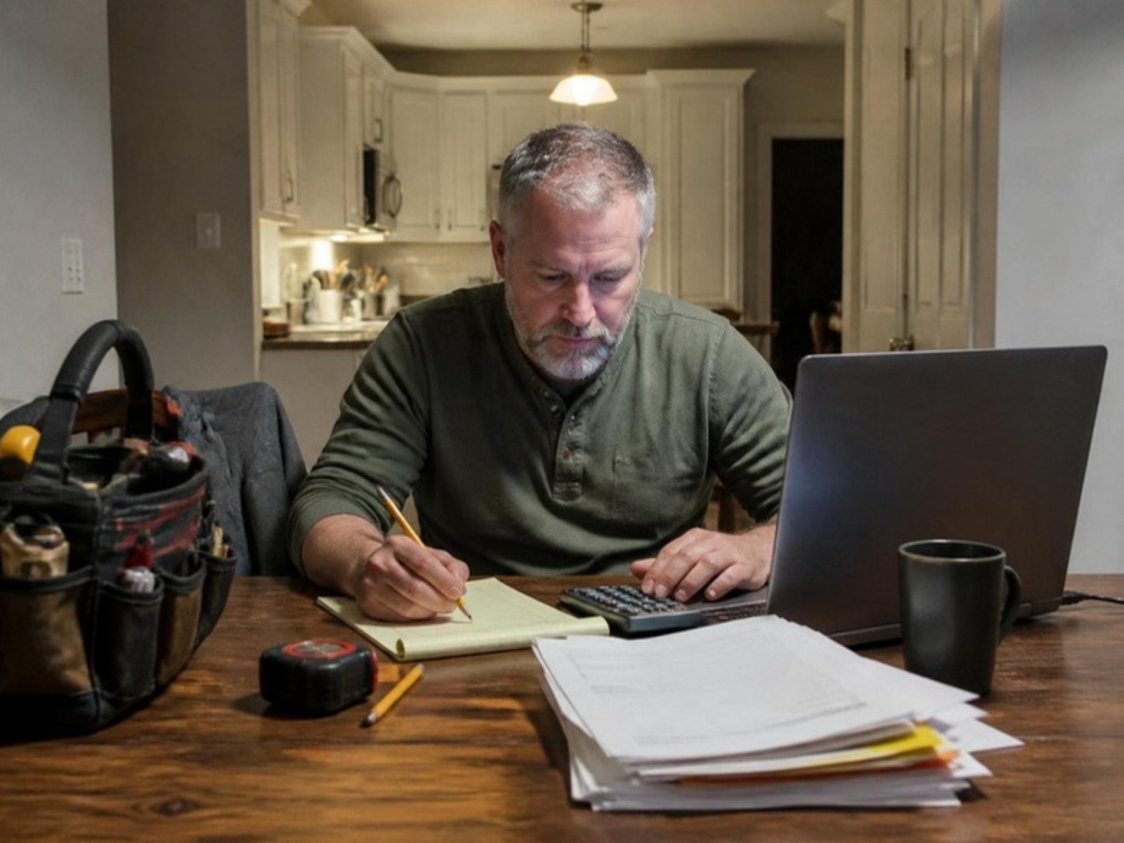 Handyman business owner working out his cost per booked job at the kitchen table