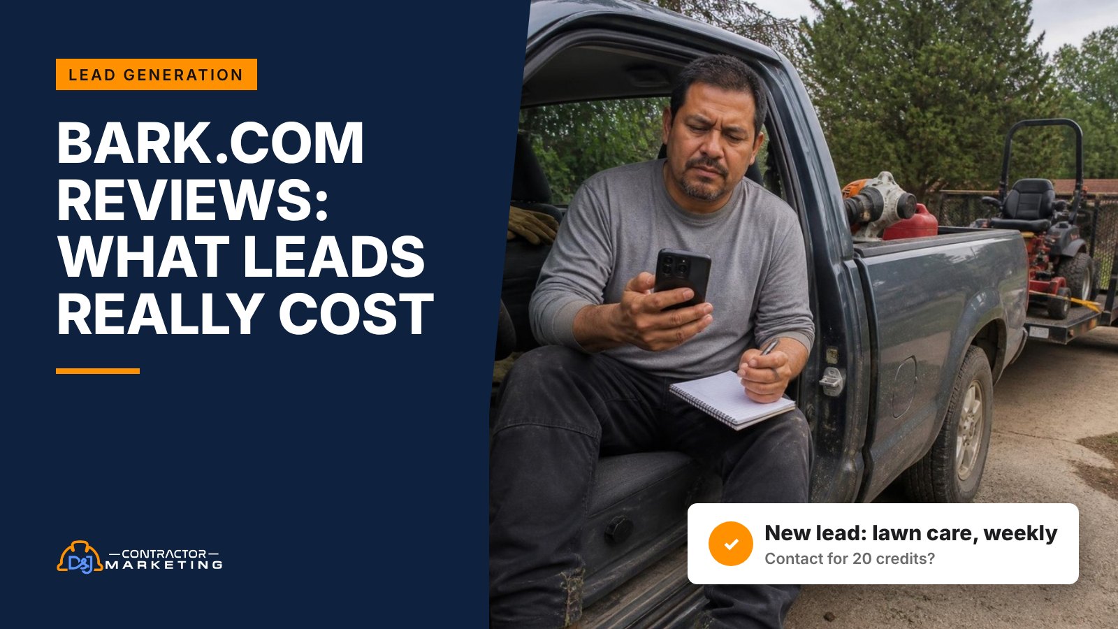 Bark.com reviews for contractors: a landscaper in his pickup deciding whether a Bark lead is worth the credits