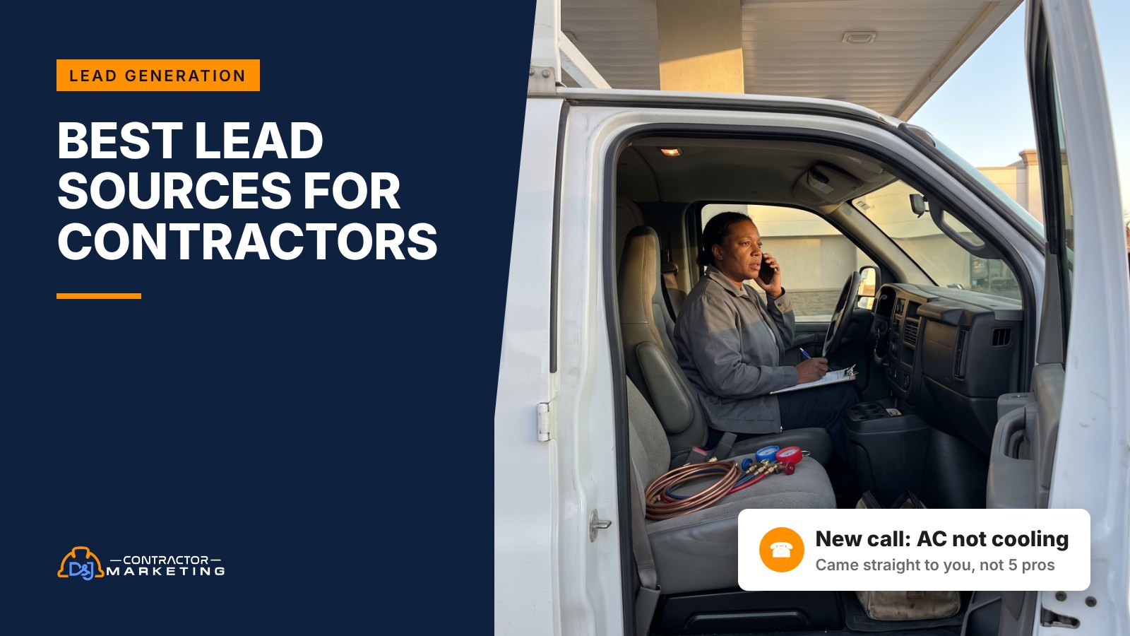 Best lead generation for contractors: HVAC owner taking a new lead call in her work van