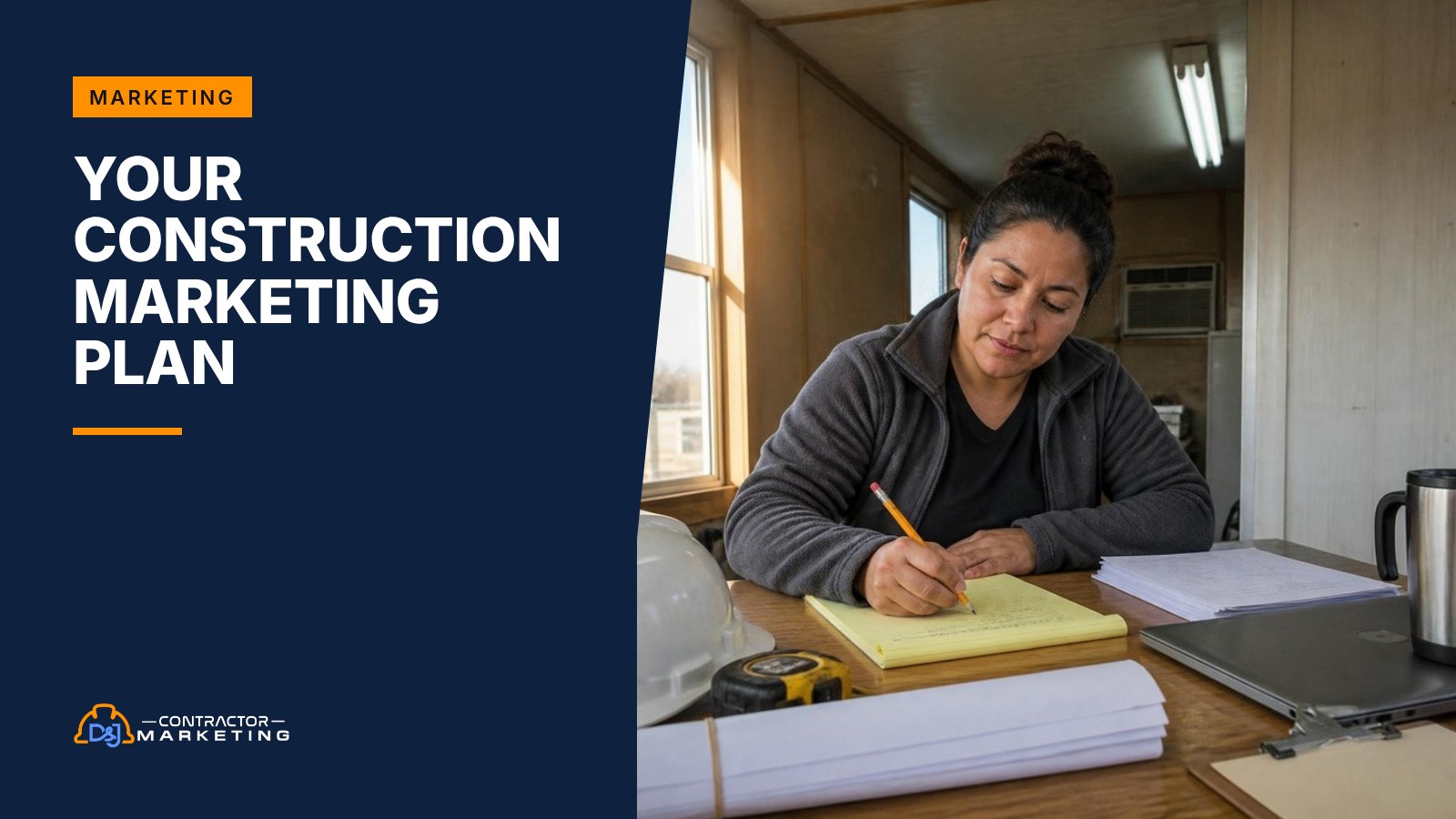 Construction company owner writing a marketing plan for her construction business