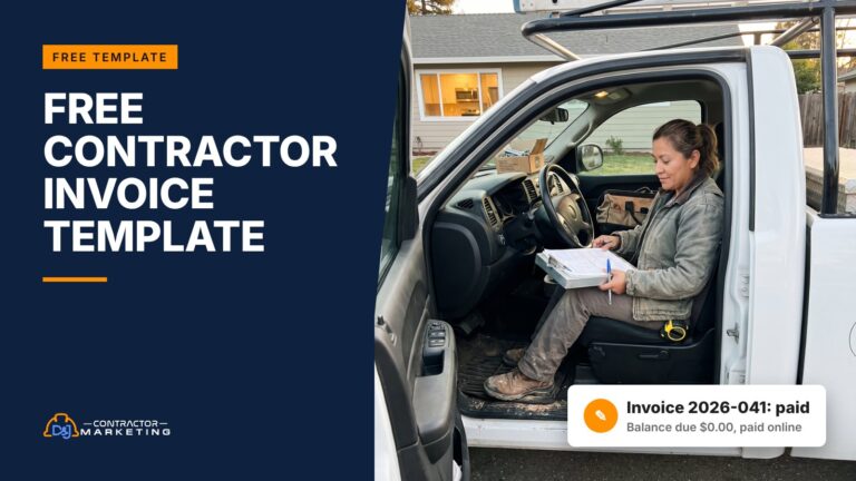 Free contractor invoice template cover: remodeling contractor filling out an invoice in her truck