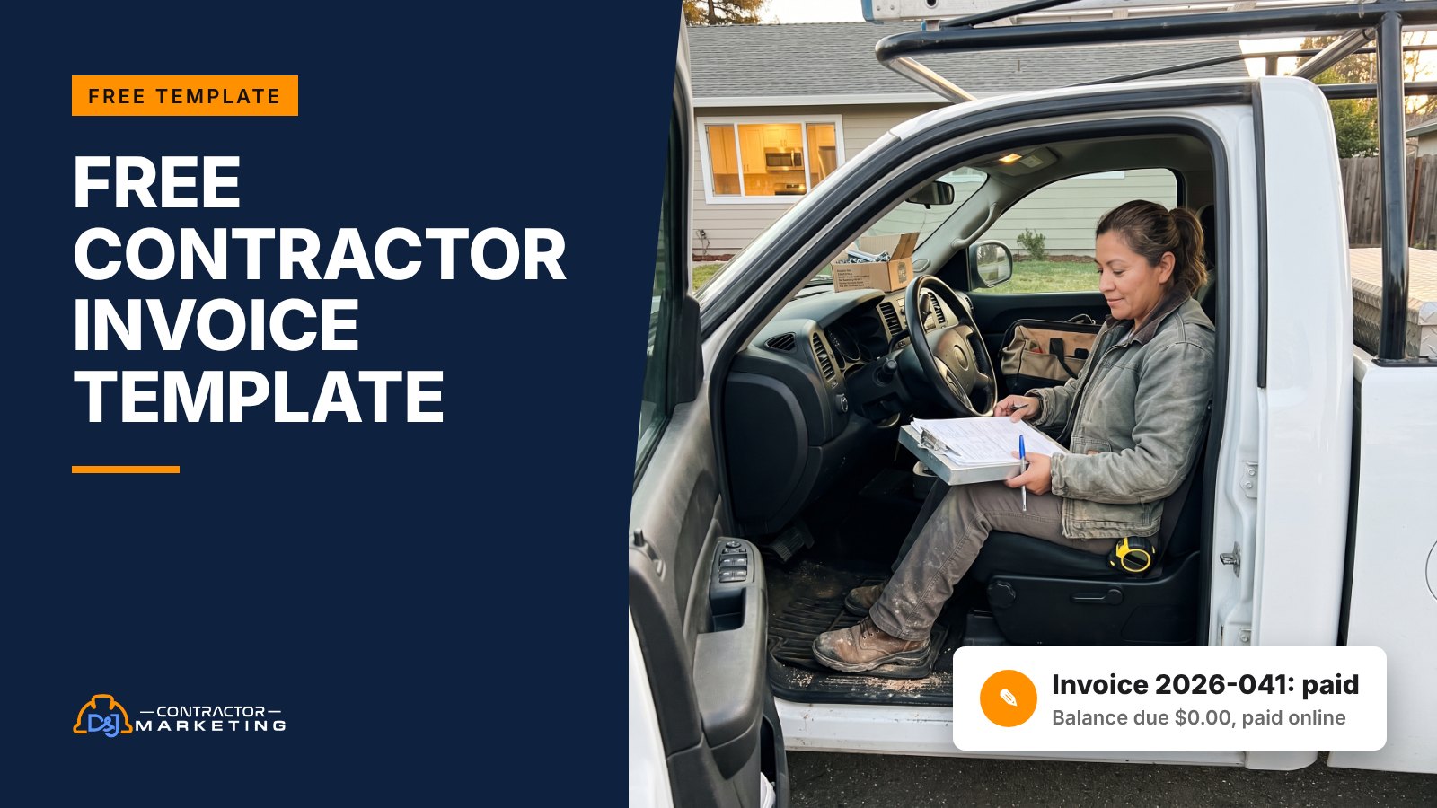 Free contractor invoice template cover: remodeling contractor filling out an invoice in her truck