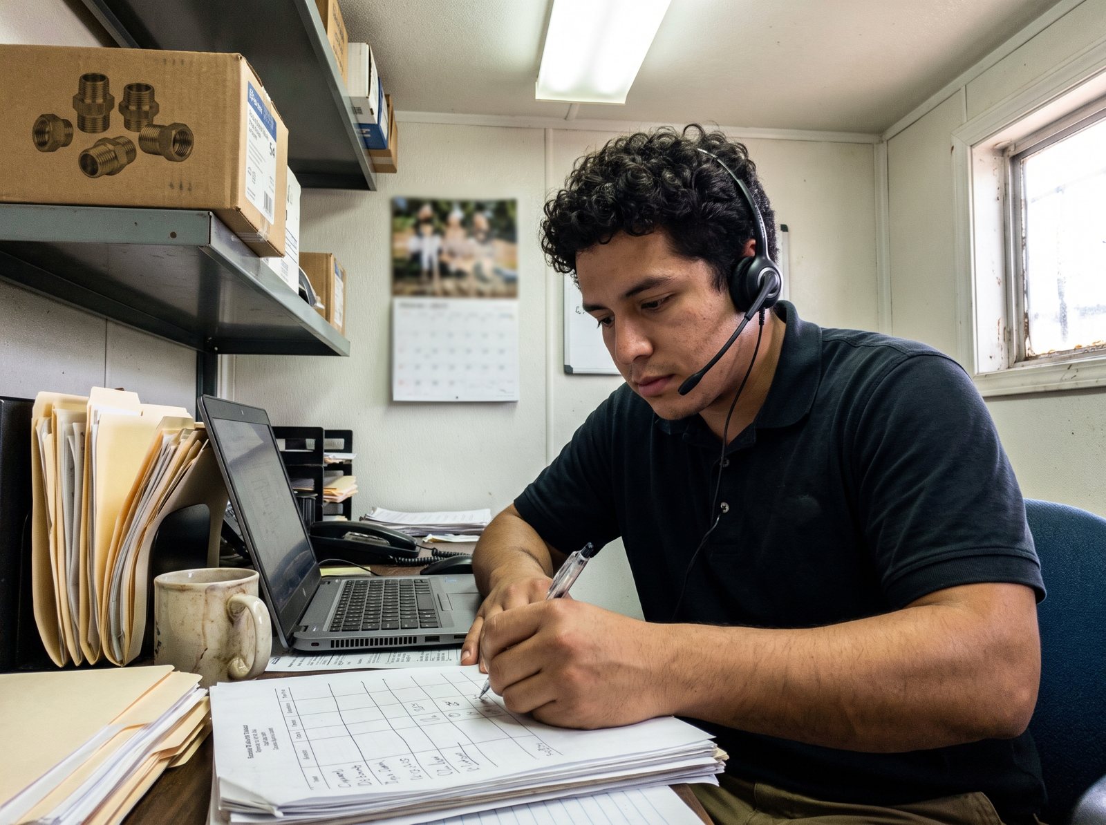 Office manager at a plumbing company logging each new lead on a paper tracking sheet