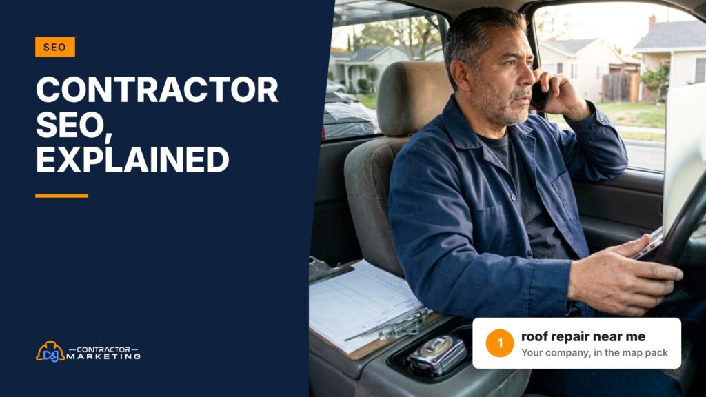 Contractor SEO: roofing company owner on a call in his pickup truck with a laptop