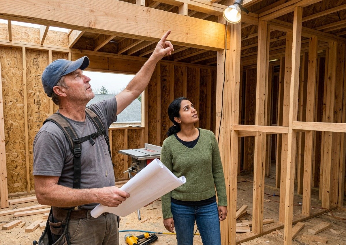 General contractor pointing out a header beam to a homeowner in a framed home addition