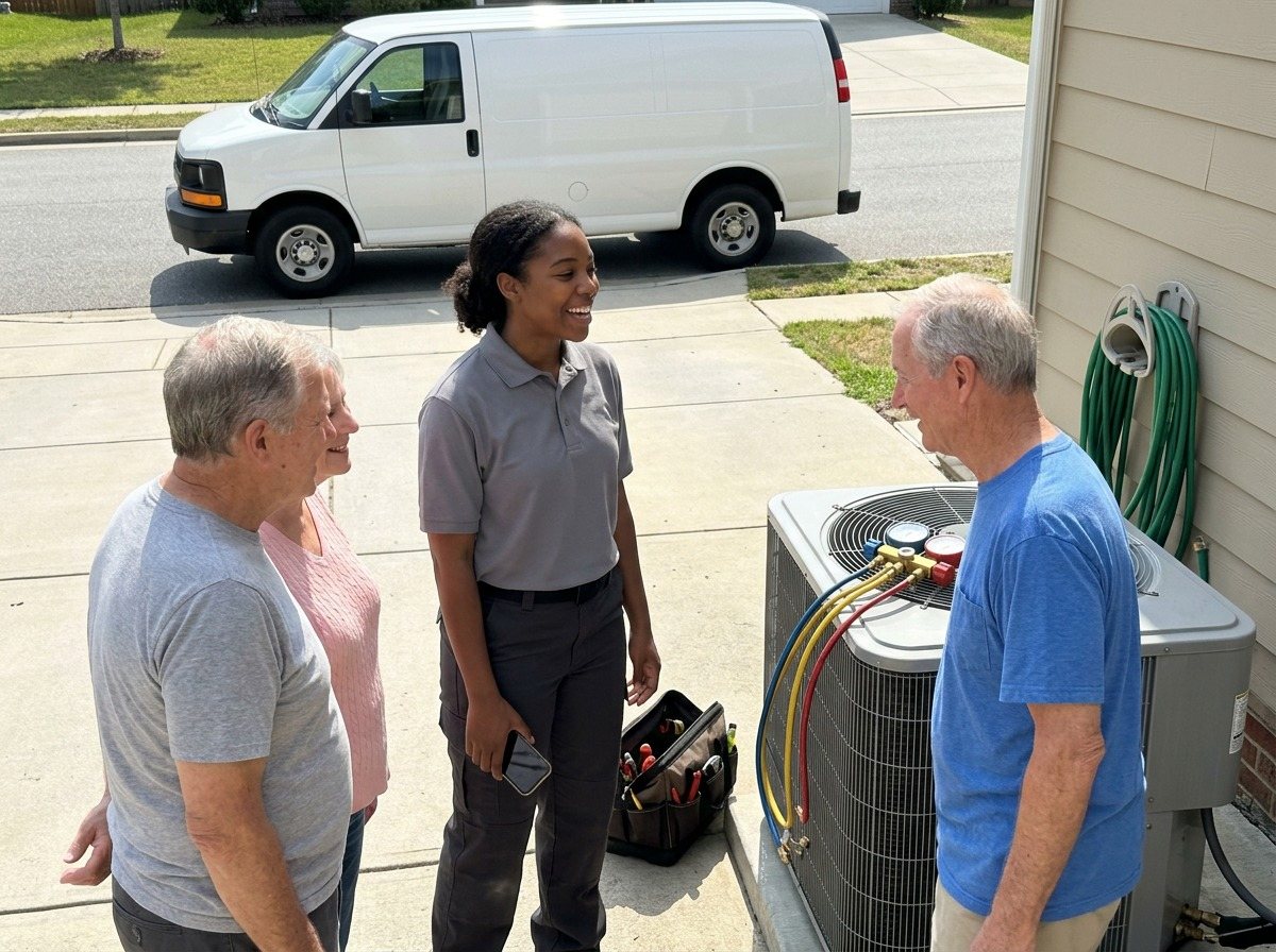 HVAC technician talking with a homeowner couple next to their AC condenser after a service call