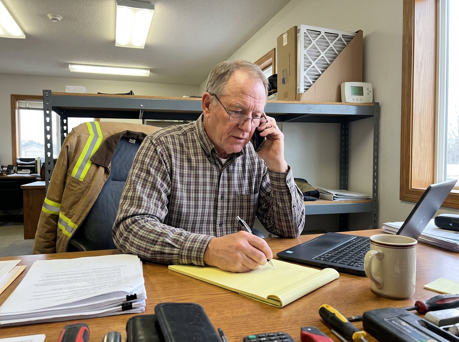 Contractor at his office desk taking a call and writing notes