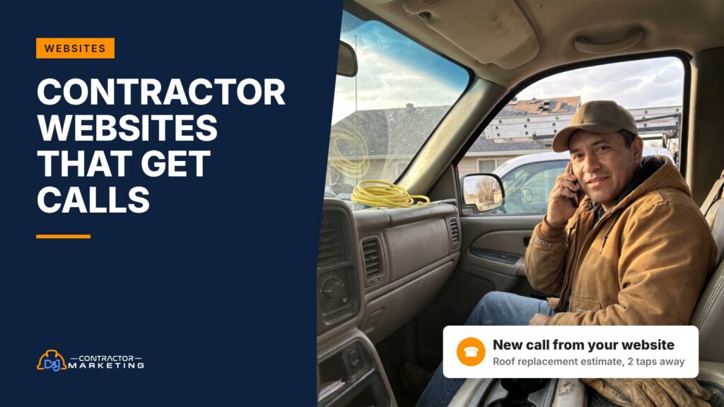 Contractor website design: roofer taking a new customer call in his truck at a job site