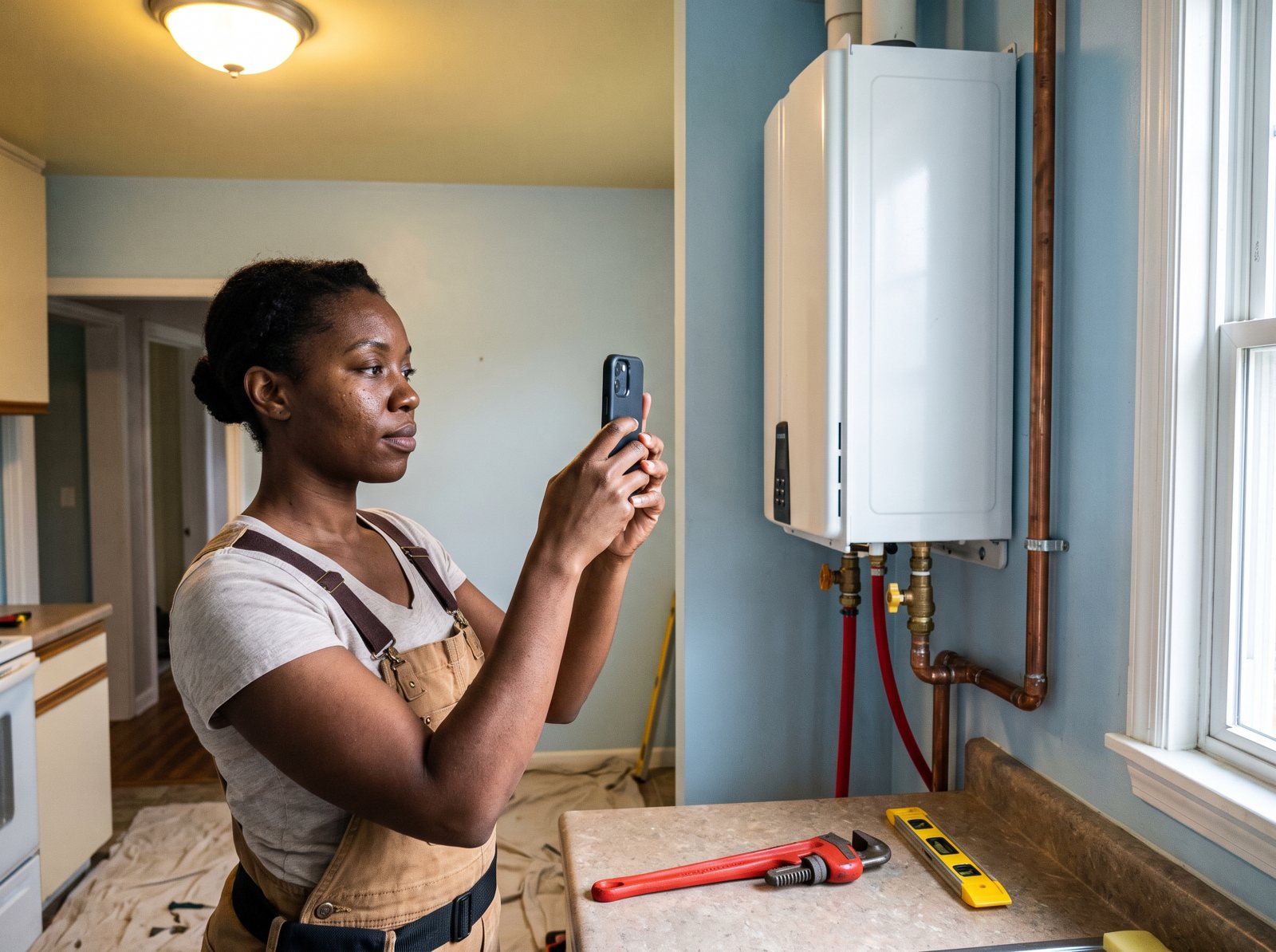 Plumber photographing a finished tankless water heater install with her phone