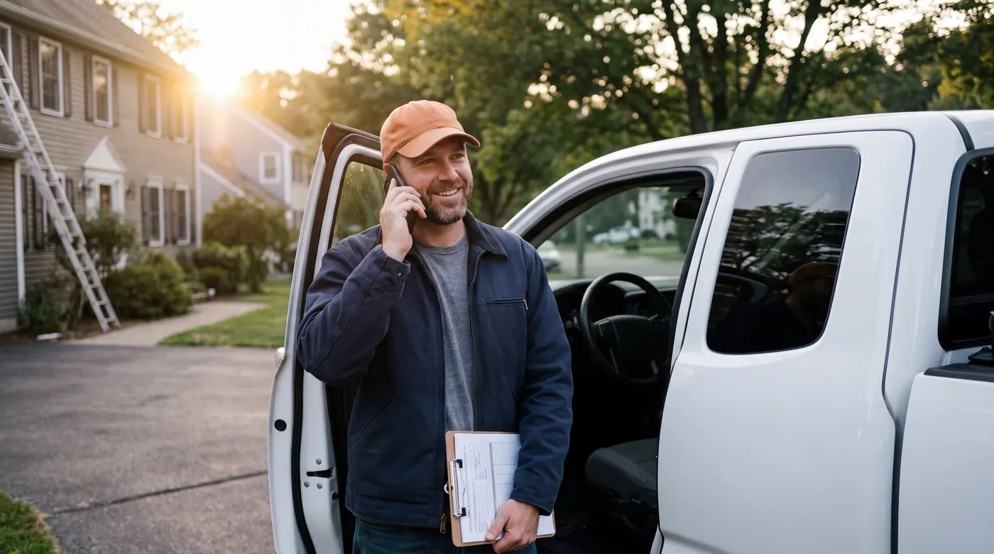 Home services business owner taking a customer call beside his work truck