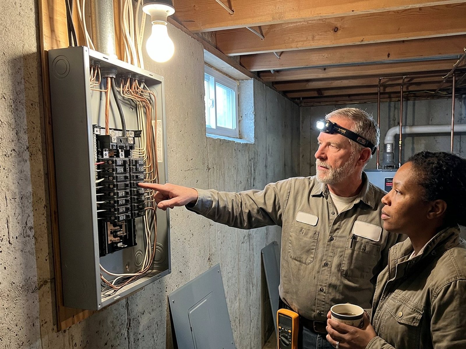 Electrician showing a homeowner her open breaker panel before a panel upgrade