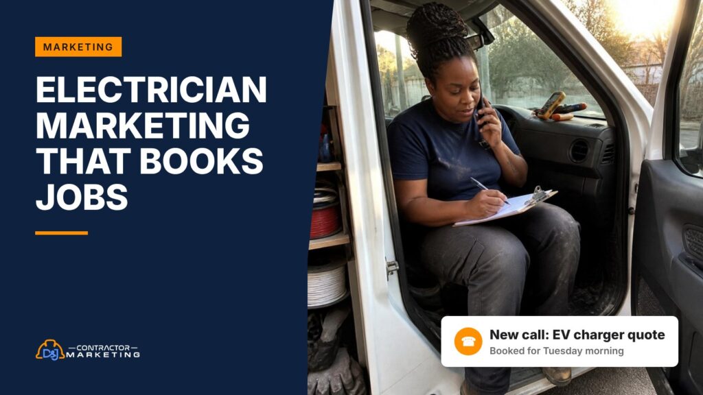 Electrician marketing: shop owner in her work van taking a call about a new job