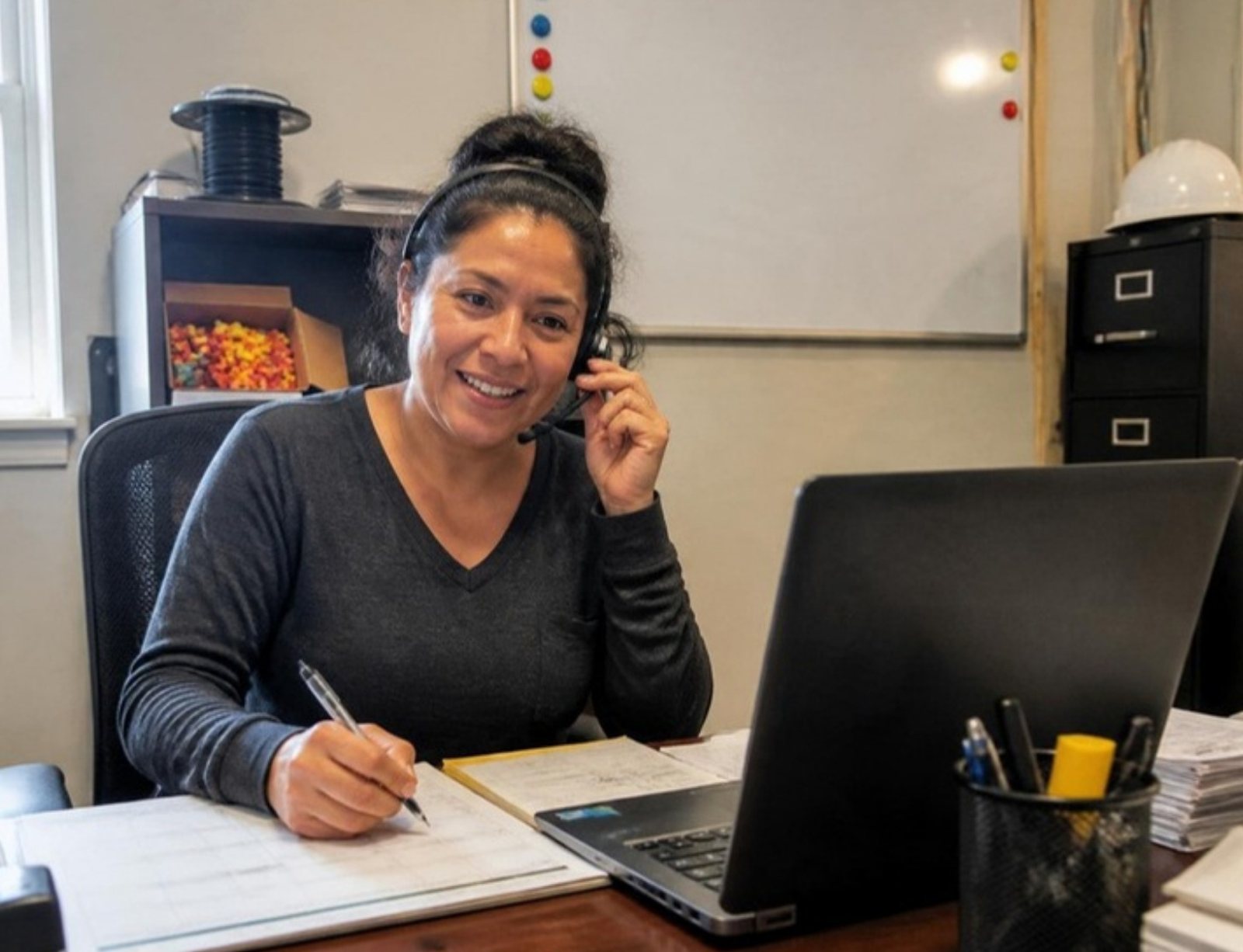 Office manager at an electrical contractor answering a customer call with a headset and writing the job on a paper schedule