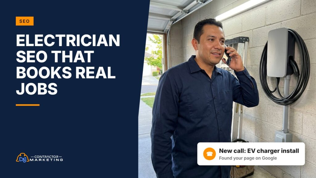 Electrician SEO cover: electrician on a call after an EV charger install