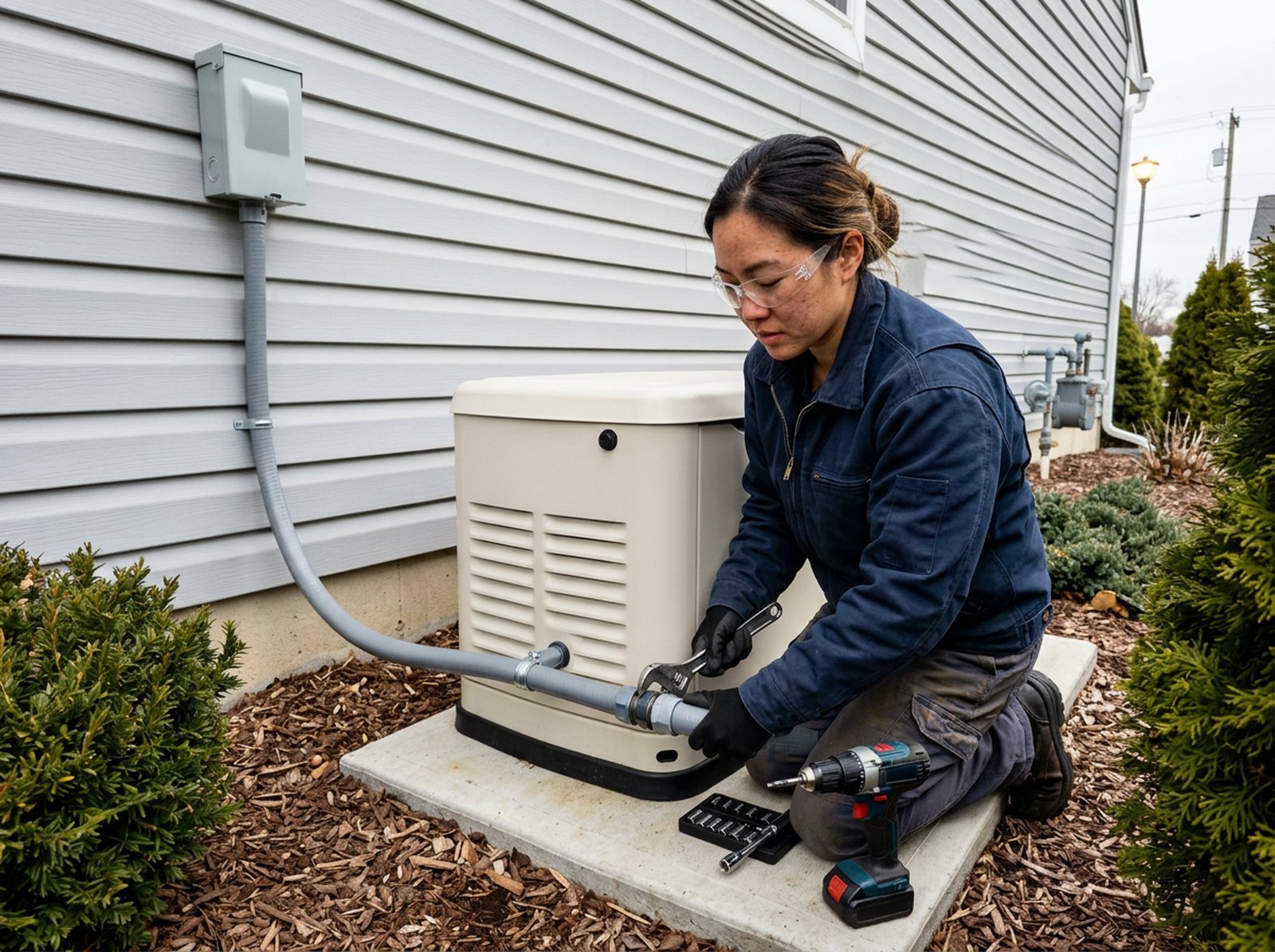 Electrician connecting conduit to a whole-house standby generator outside a home