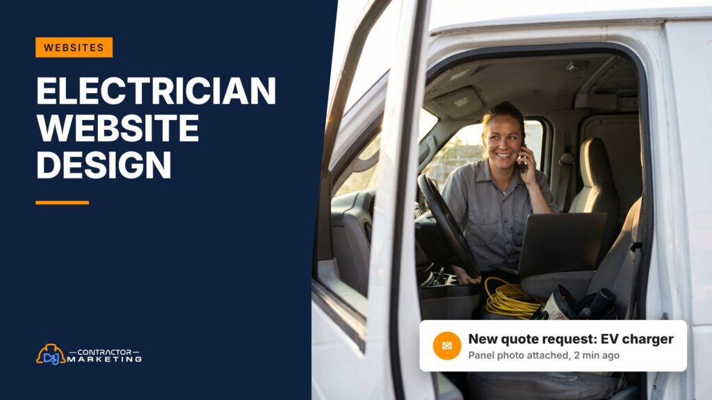 Electrician website design: electrical contractor taking a call in her work van
