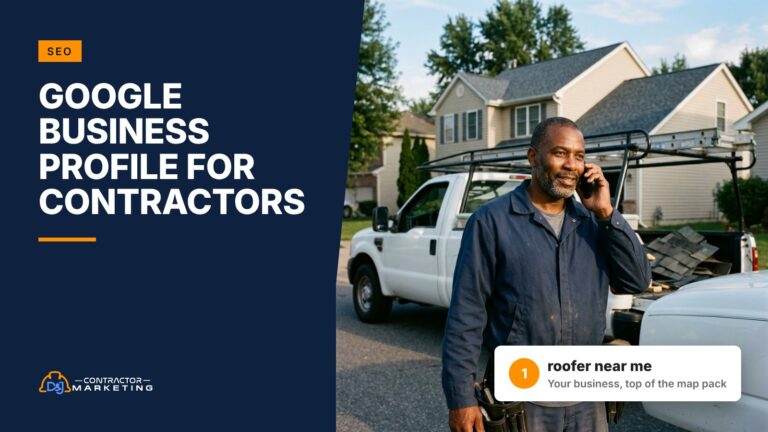 Roofing contractor on a phone call beside his truck, Google Business Profile for contractors guide cover