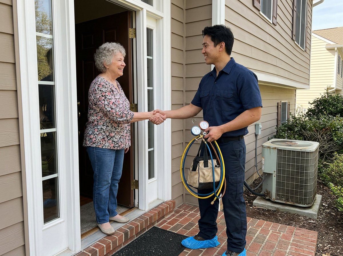 HVAC technician shaking hands with a homeowner at her front door after a service call