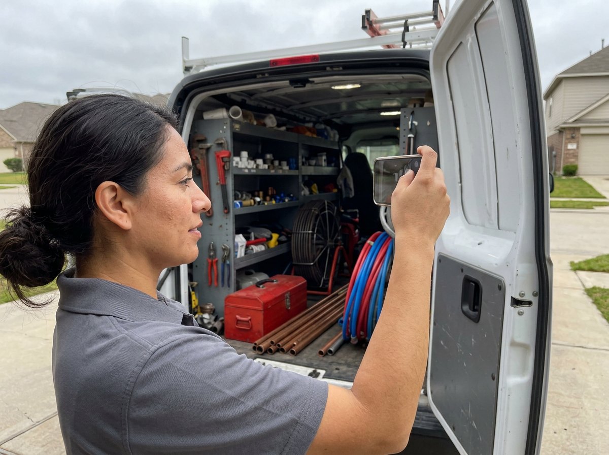 Plumbing business owner filming the tools in her work van with a phone for Google Business Profile video verification