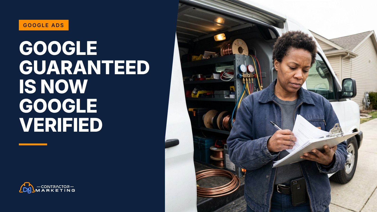 Google Guaranteed is now Google Verified: HVAC company owner checking license and insurance papers at her service van