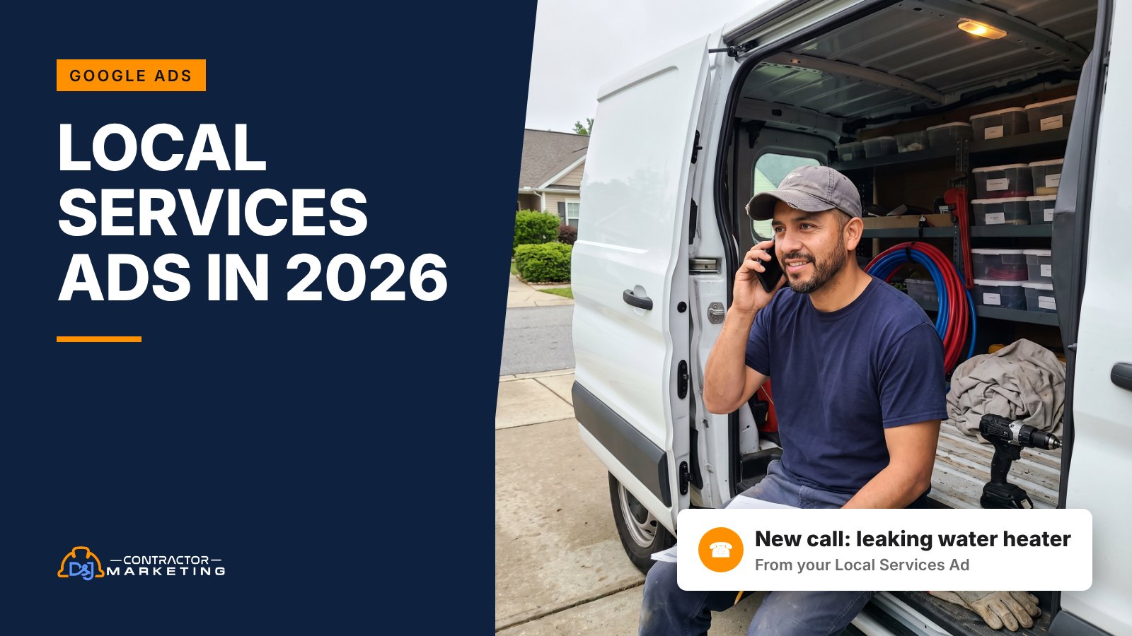 Plumber answering a Local Services Ads call from his work van