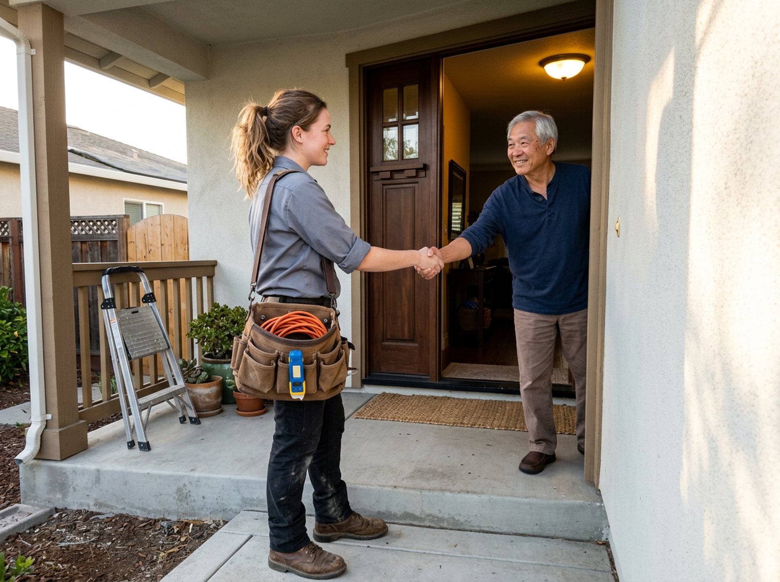 Tradeswoman with a tool bag greeting a homeowner at the front door, the kind of field visit Google screening covers