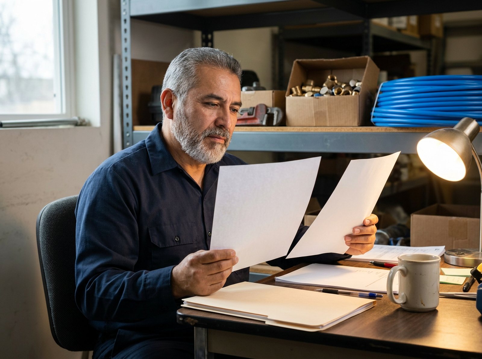 Plumbing company owner comparing his license and insurance paperwork at his shop desk before applying for Google Verified