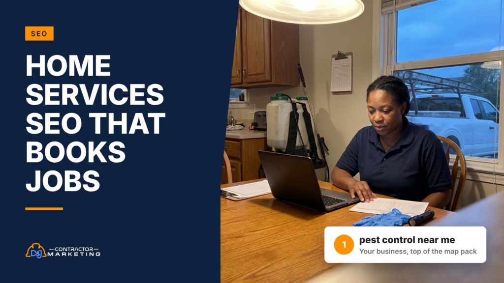 Home services SEO: pest control owner planning routes on a laptop at her kitchen table