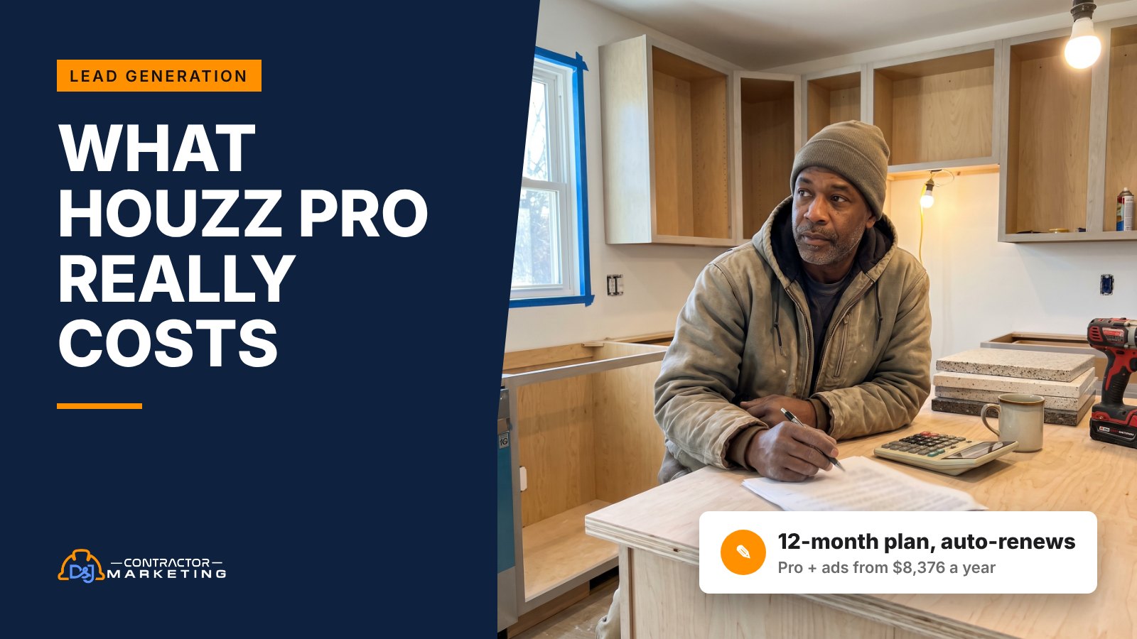 Remodeling contractor reviewing a Houzz Pro cost agreement with a calculator at a kitchen island
