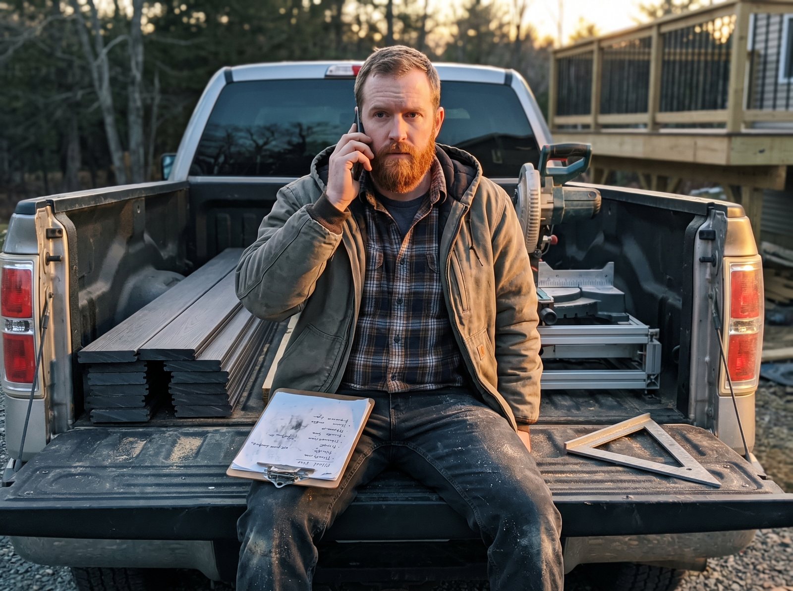 Deck builder on his truck tailgate calling back a homeowner lead
