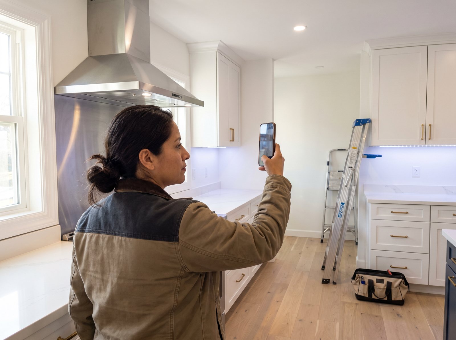 Design-build owner photographing a finished kitchen remodel with her phone for her portfolio