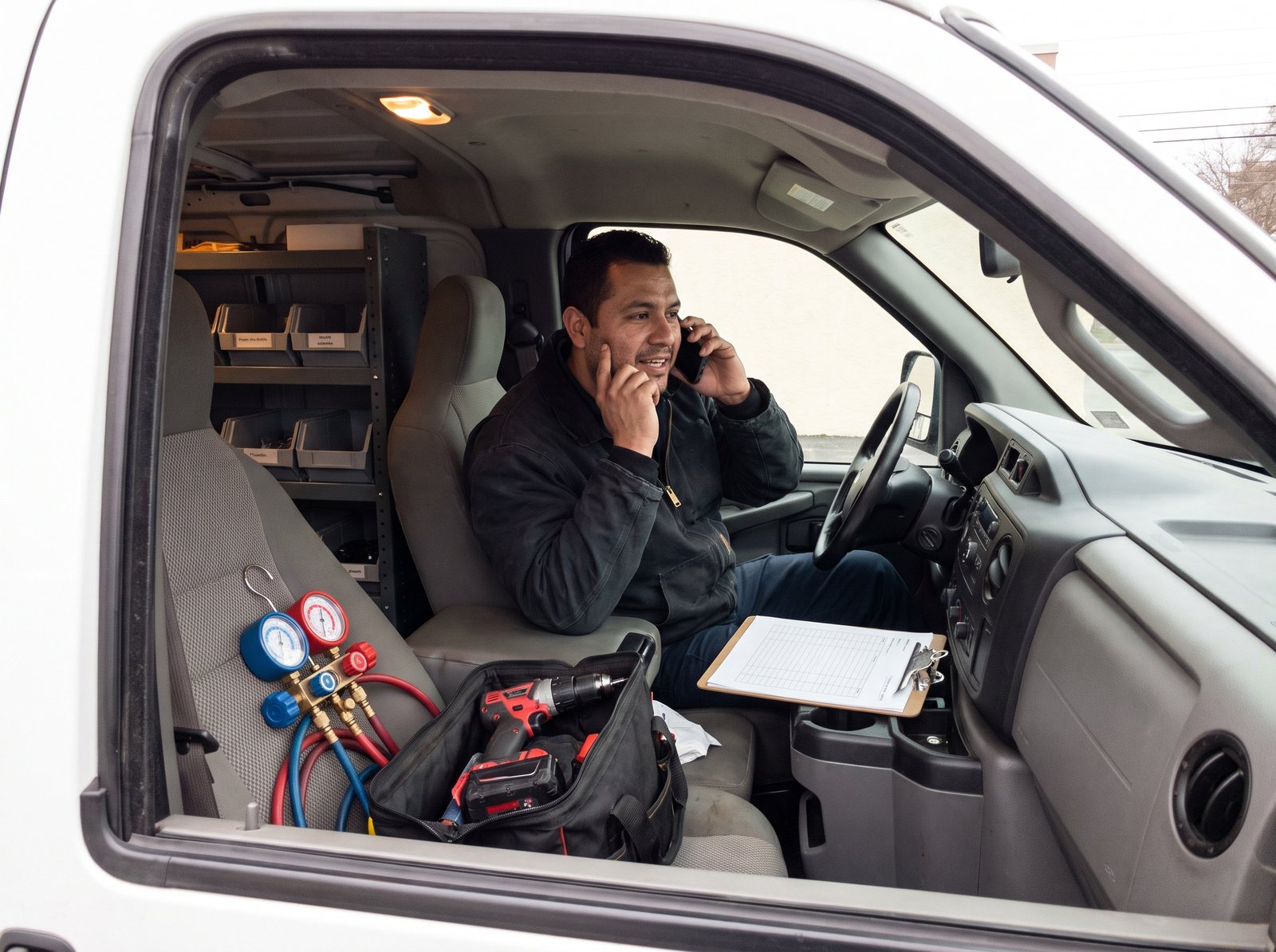HVAC technician returning a lead's call from his work van between jobs