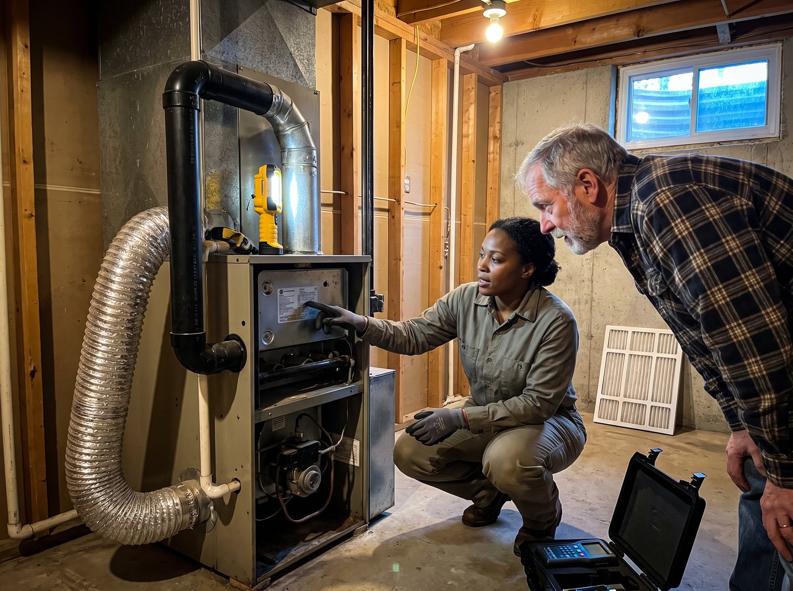 HVAC technician showing a homeowner the age of his gas furnace in the basement