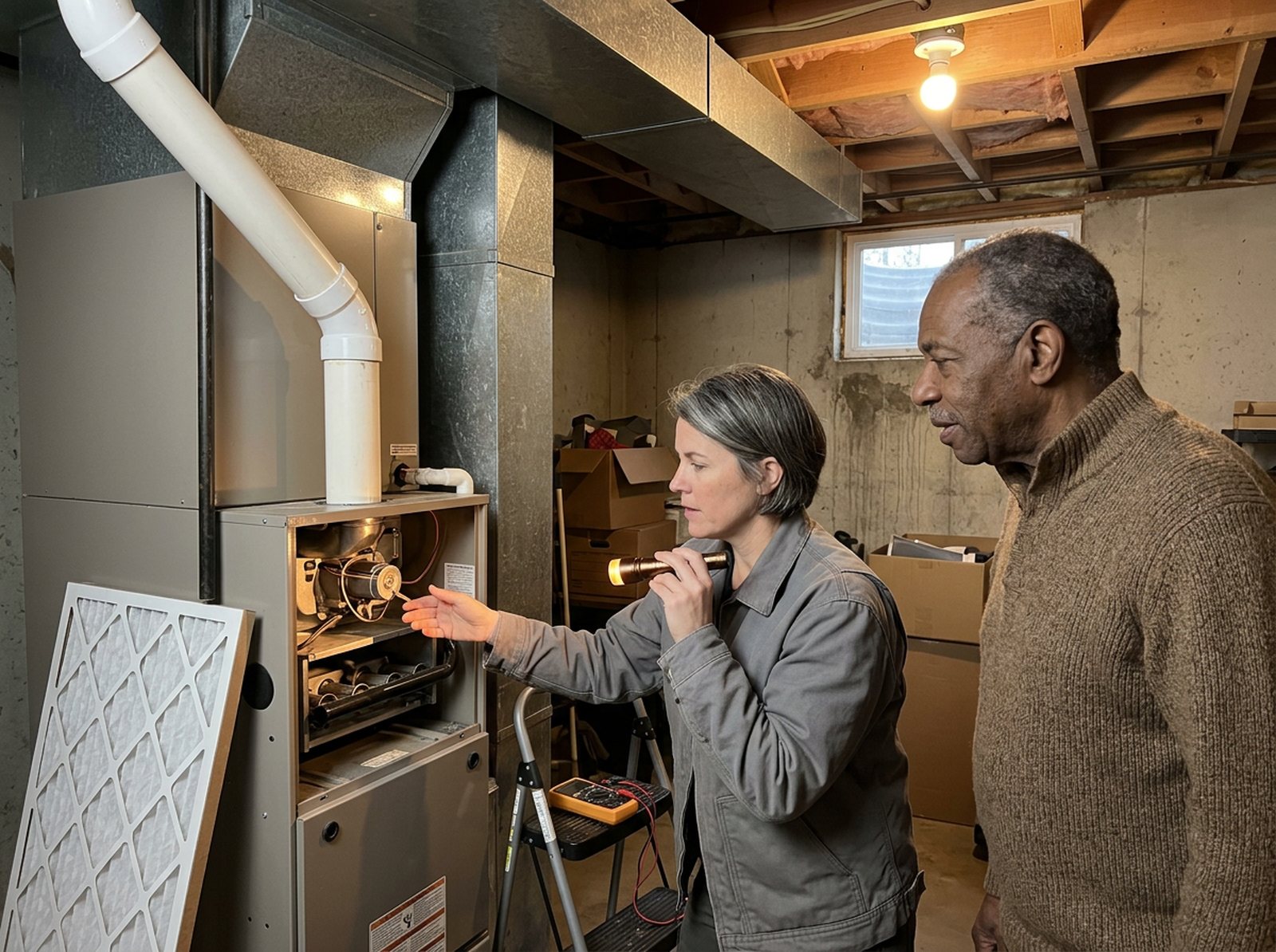 HVAC technician checking a gas furnace in a basement while the homeowner watches