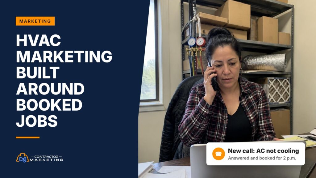 HVAC marketing: owner of a heating and cooling company taking a customer call in her shop office
