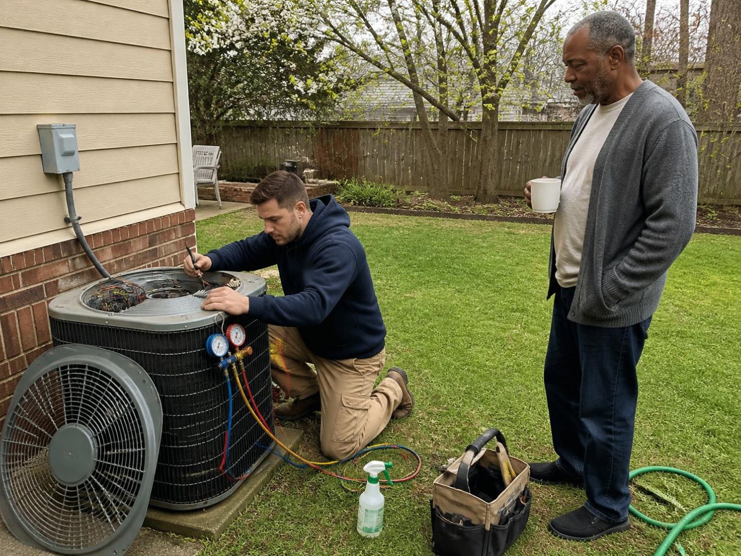 HVAC technician doing a spring tune-up on an outdoor AC condenser while the homeowner watches