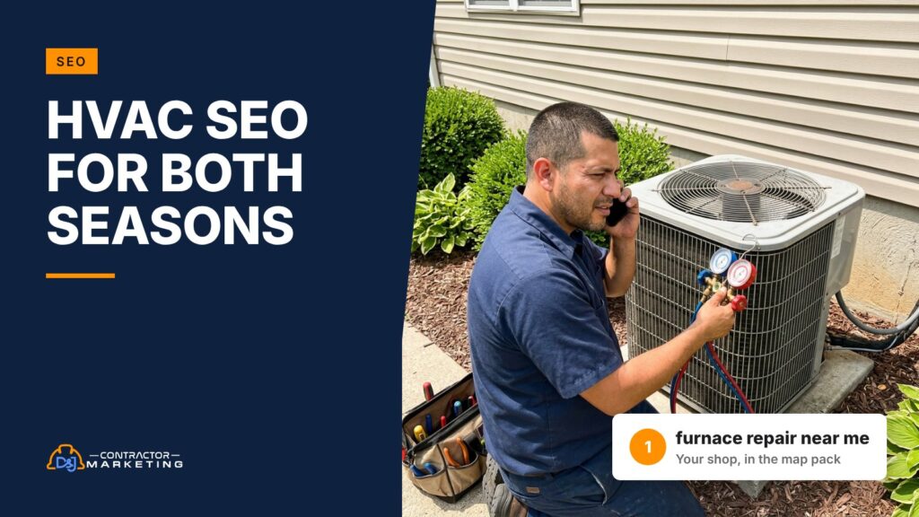 HVAC SEO cover: technician on the phone at an outdoor AC unit with gauges attached
