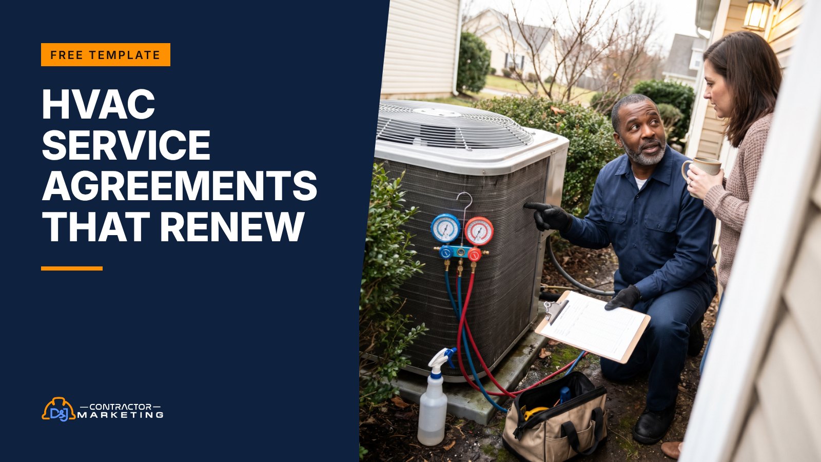 HVAC service agreement: technician showing a homeowner the condenser coil during a spring maintenance visit