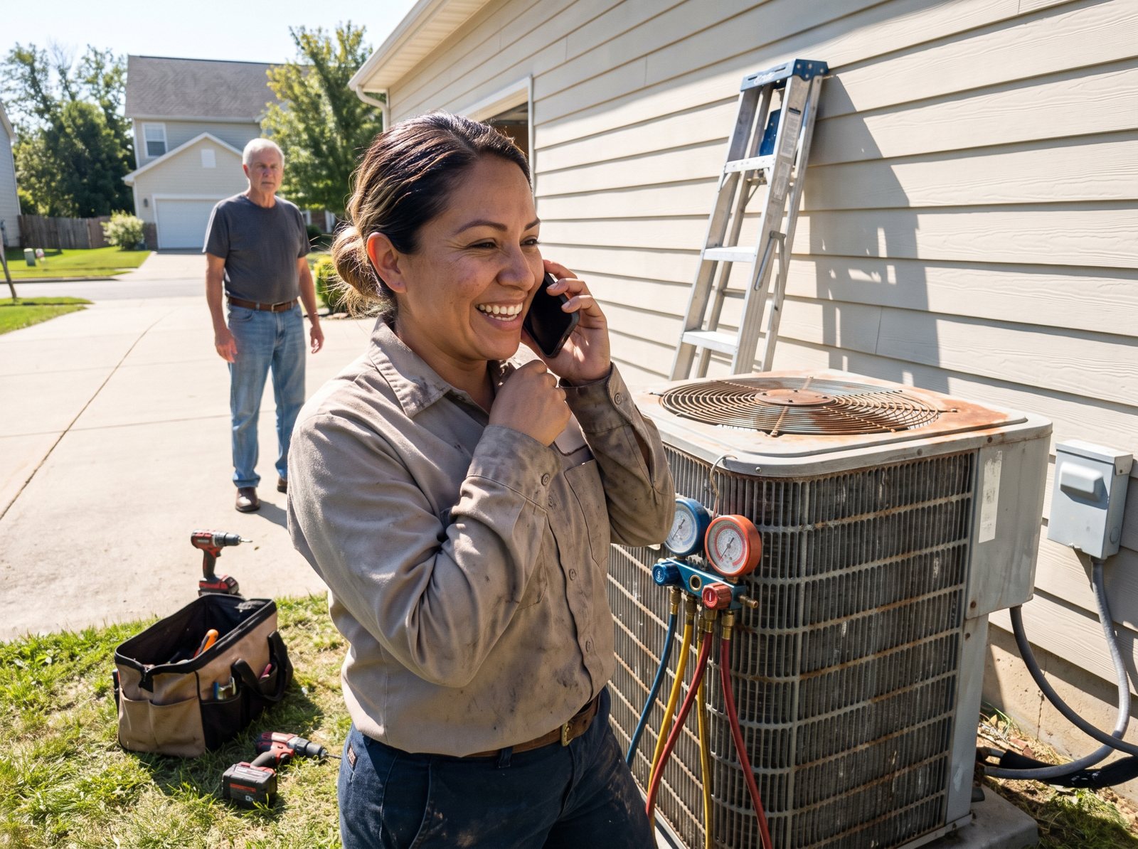 HVAC technician calling a homeowner back from the driveway next to an AC condenser
