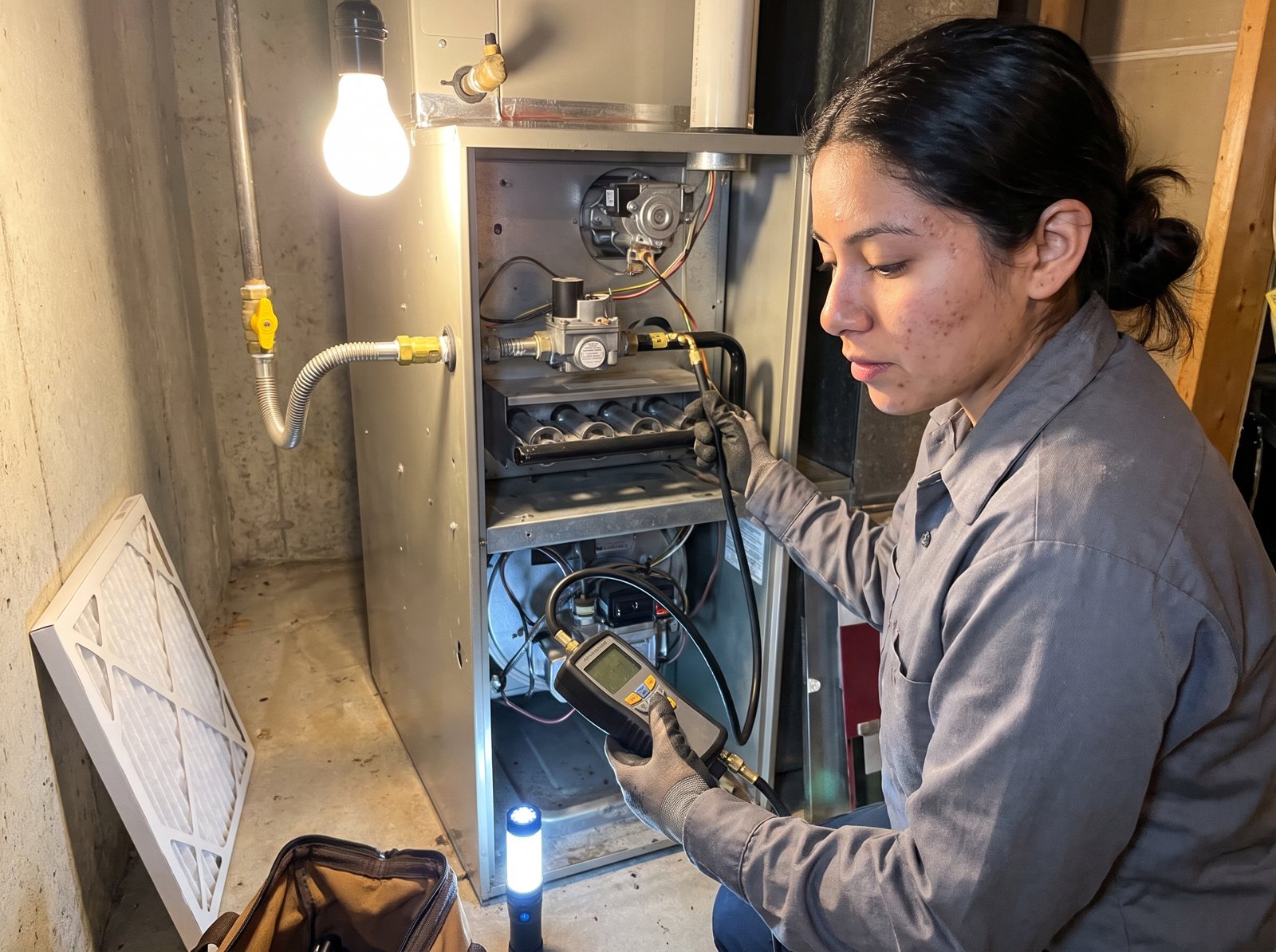 HVAC technician checking furnace gas pressure with a manometer during a fall maintenance visit