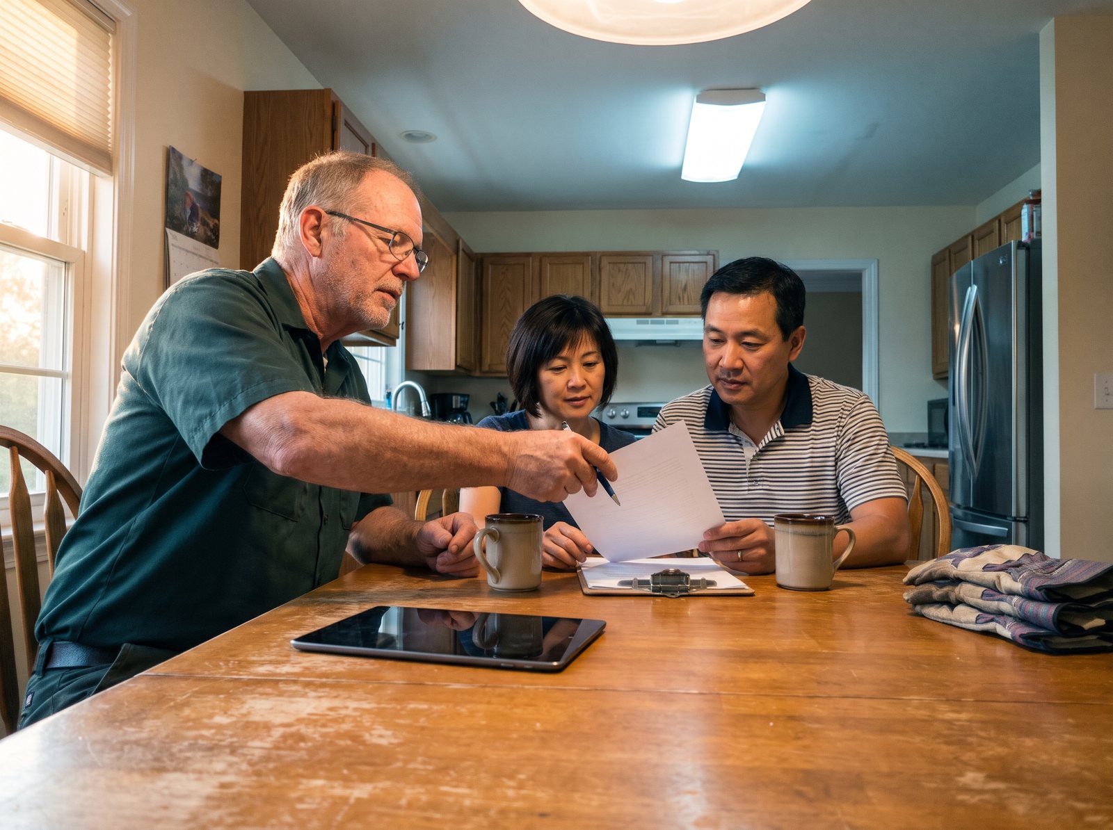 HVAC technician going over a service agreement with two homeowners at their kitchen table