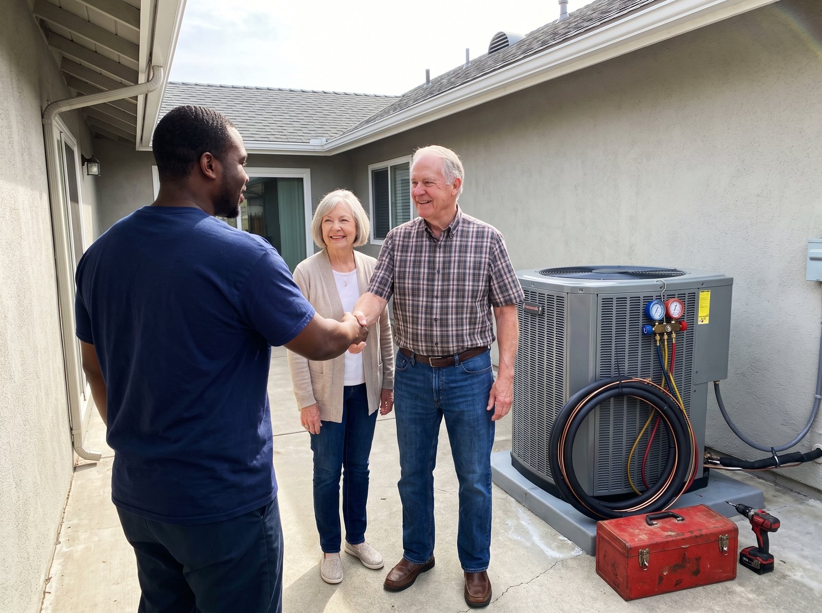 HVAC technician shaking hands with homeowners next to a newly installed AC condenser after handing over the invoice