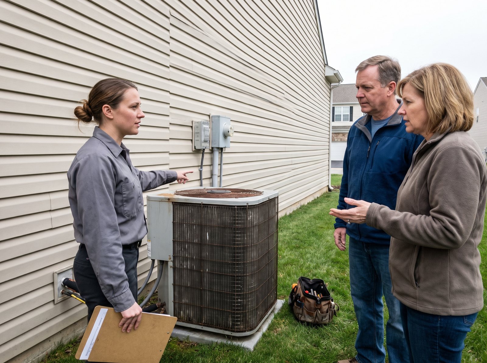 HVAC technician explaining AC replacement options to a homeowner couple beside the outdoor condenser