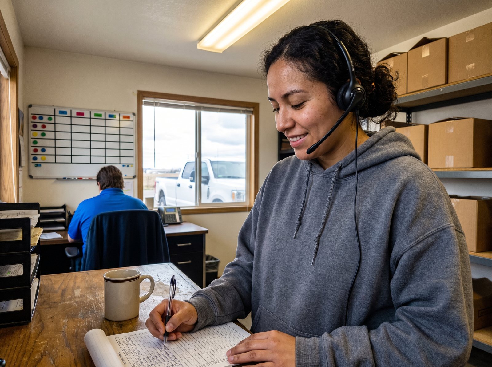 HVAC office CSR with a headset booking a service call on the schedule