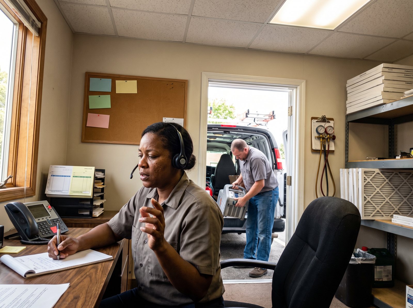 Office manager answering a Local Services Ads call while a technician loads the van