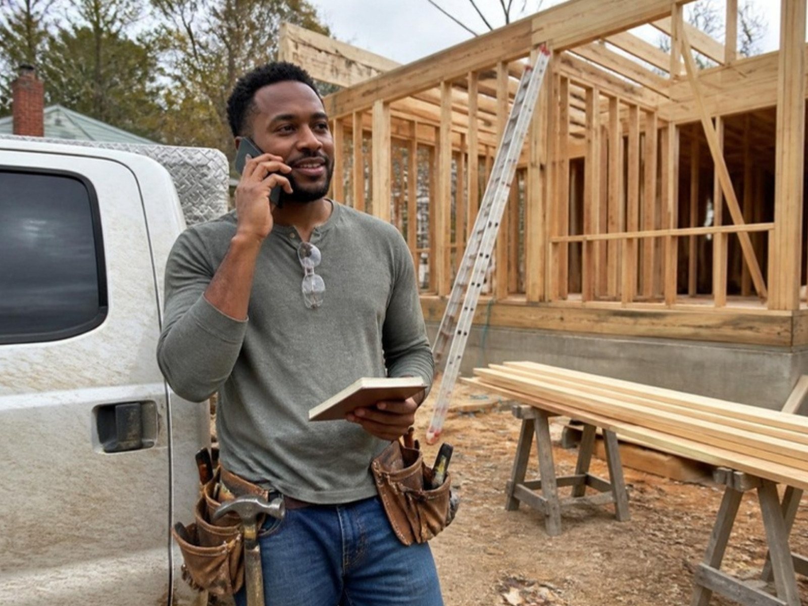General contractor at a framing job site returning a new lead call on his phone